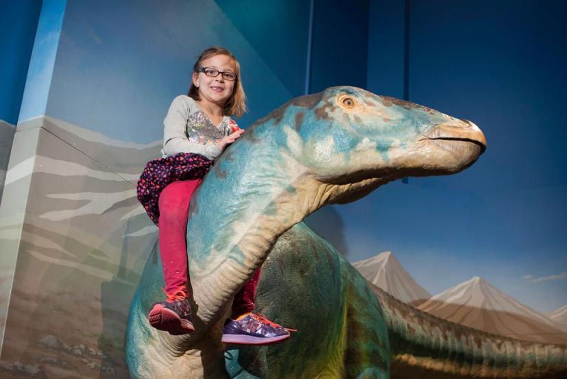 Girl riding a dinosaur at the Bay Area Discovery Museums