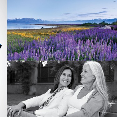 Doctor wearing scrubs and two middle-aged women and lavender field