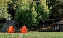 Adirondack chairs on lawn at Paradise Beach Park in Tiburon
