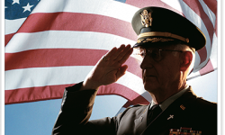 Military officer saluting the flag veterans day