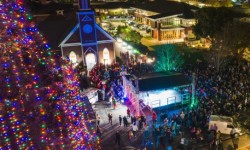 Downtown Novato Tree Lighting drone view city hall