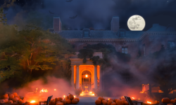 Filoli Nightfall house and pumpkins in dark with full moon