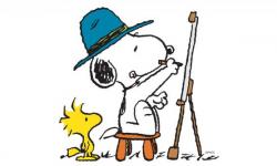 Snoopy and Woodstock painting at easel