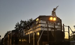 Diesel locomotive with spooky Halloween decorations
