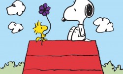 Snoopy and Woodstock with a flower