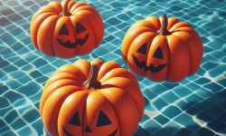 pumpkins floating in swimming pool