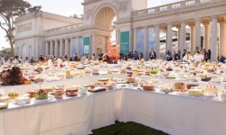 Legion of Honor Cake Picnic tables with cakes and pastries in front of the museum