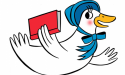 Goose wearing blue bonnet and carrying a red book