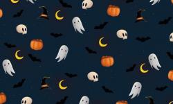 Halloween graphic with ghosts and pumpkins