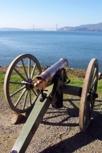 Angel Island cannon overlooking the bay and golden gate bridge