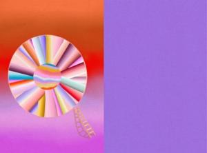 purple rectangle on right, orange and pink rectangle on left with inset circle full of colors