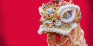 Lion dance costume on red background