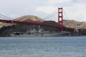 US Navy ship under Golden Gate Bridge