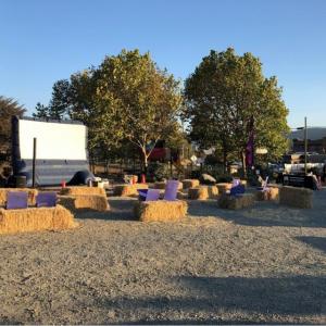 Outdoor movie screen and straw bale seating