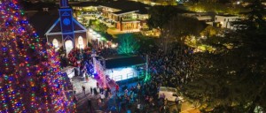 Downtown Novato Tree Lighting drone view city hall