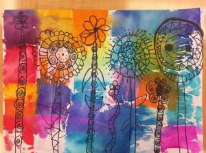 Image of preschool students flower illustration with tissue paper painting