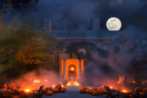 Filoli Nightfall house and pumpkins in dark with full moon