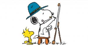 Snoopy and Woodstock painting at easel