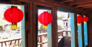 Chinese lanterns hanging in window