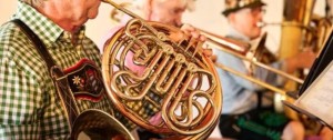 German brass band wearing Lederhosen and Tracht 