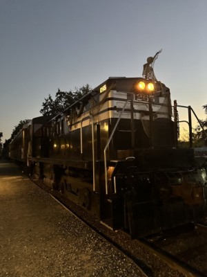 Diesel locomotive with spooky Halloween decorations