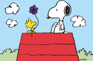 Snoopy and Woodstock with a flower