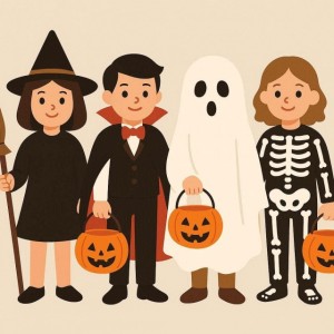 Illustration of kids wearing Halloween costumes old fashioned