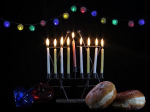 Hanukkah menorah and donuts