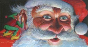 Illustration of Santa with elf whispering in his ear