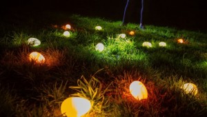 Glowing colorful easter eggs in a lawn at night
