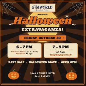 GymWorld Halloween Extravaganza in San Rafael featuring a Halloween maze, open gym, and family activities.