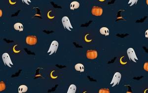 Halloween graphic with ghosts and pumpkins