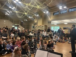Children exploring musical instruments during Marin Symphony's Mini Maestro Children's Concert in Corte Madera.
