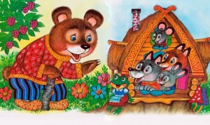 Russian bear telling a story to a bunch of animals in a little cottage