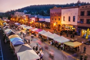 Downtown Truckee street in evening with vendors