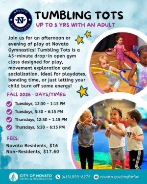 Tumbling Tots drop-in gymnastics for children ages 5 and under at Novato Gymnastics Center in Marin County. 