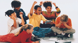 Kids playing video games.