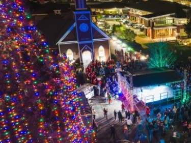 Downtown Novato Tree Lighting drone view city hall