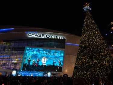 Thrive City Chase Center Christmas Tree and screen with entertainment