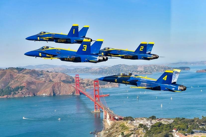 Blue Angels flying over San Francisco Bay during Fleet Week
