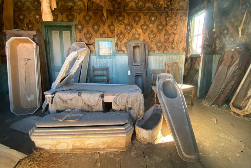 Bodie morgue interior with coffins