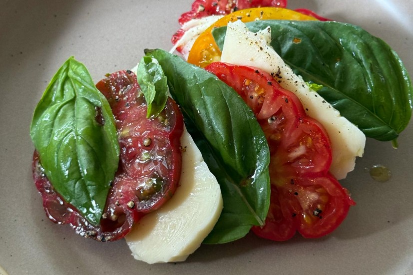 serving of aprese salad with tomatoes, basil and mozarella arranged on a plate