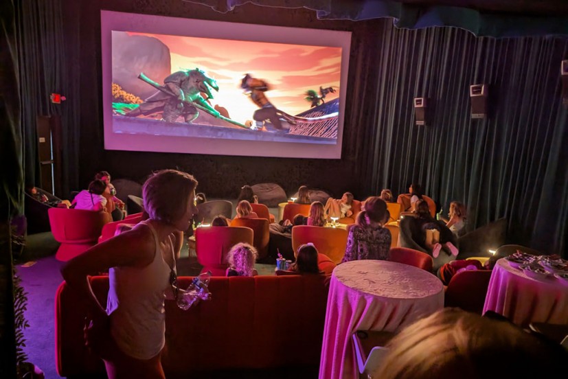 Interior of Cinelounge Tiburon movie theater during kids' cartoon screening