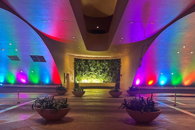 Colorful lights in the Marin Civic Center arch