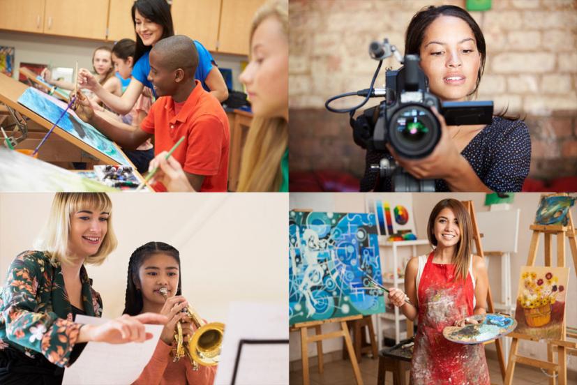 collage of youth creating art and music