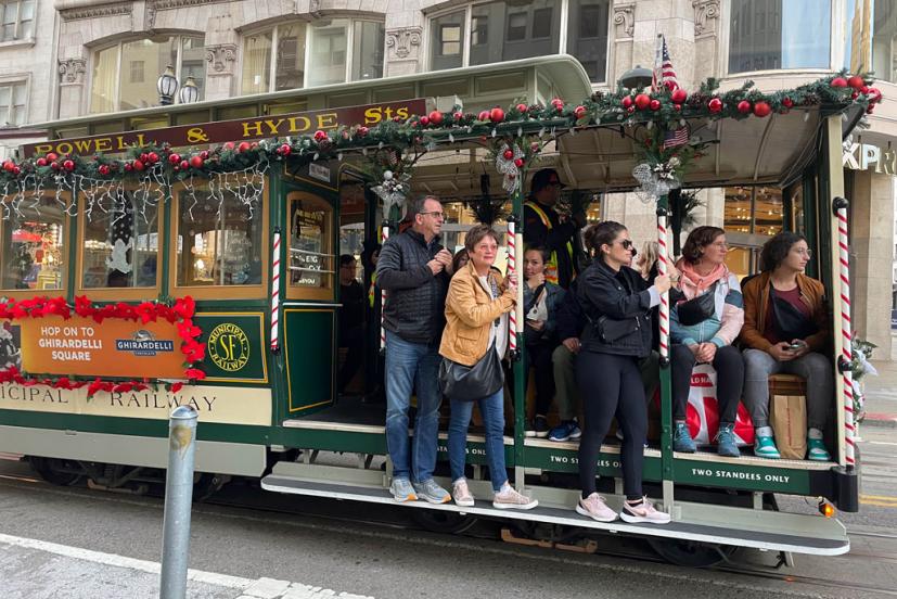 decorated holiday cable car