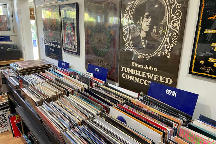 Record racks and posters at Mill Valley Music