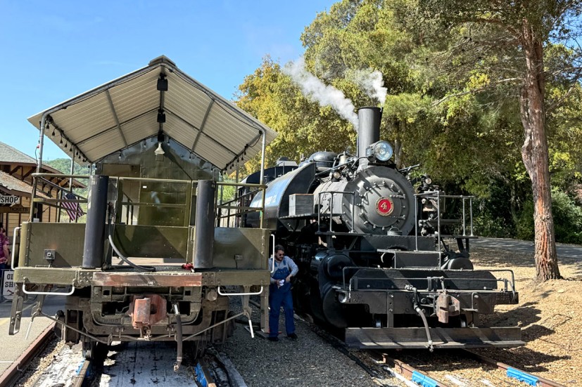 Steam locomotive and open-air passenger car at Niles Canyon Railway Sunol Depot