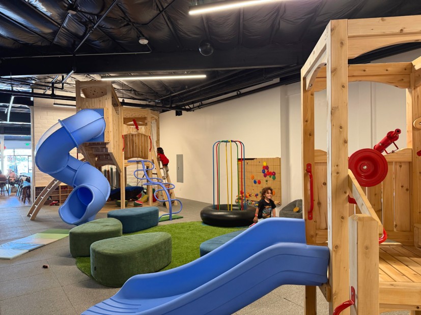 For your main article photo showing the wooden play structures and blue slides: