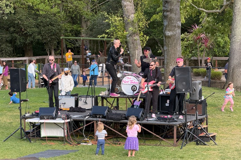 Marinwood Music in the Park band with dancing kids